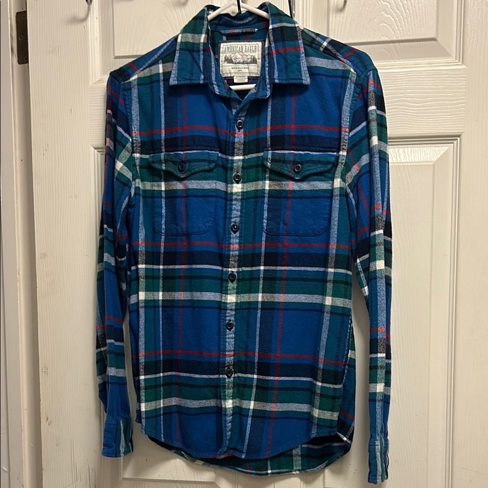 Vintage American Eagle Outfitters Blue and Green Casual Button Down Shirt